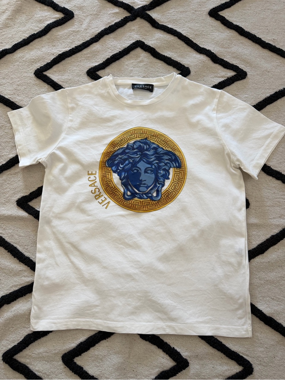 Versace Kids White Tee with Blue Medusa and Gold Emblem